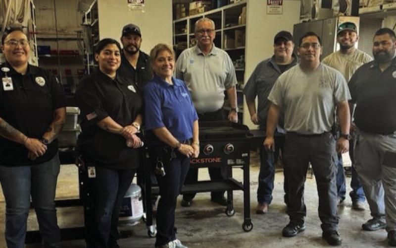 HOT BREAKFAST Giles W. Dalby Facility staff provided breakfast for the Post High School staff, trainers, and both the JV and Varsity teams Thursday. Pictured in front, left to right are Programs Manager Ashlee Cuellar, SIS Marina Cabrera, Admin Assistant Teresa Gomez, SIS Supervisor John Hernandez, and Sergeant Jeremiah DeLeon. Back row: Maintenance Supervisor Zack Sanchez, Warden Ricardo Martinez, SIS Jo Ramirez, and SIS Miguel Gomez. | PHOTO PROVIDED.