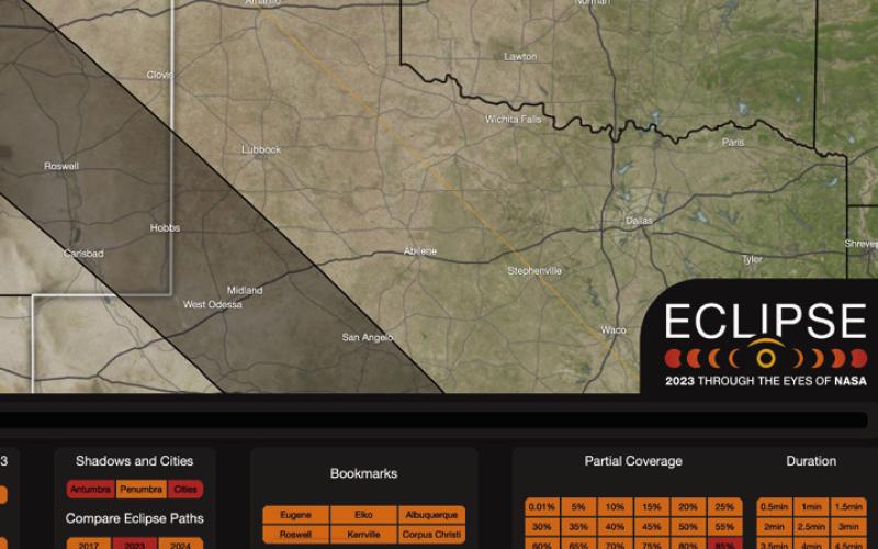 A solar eclipse is predicted to begin Saturday, Oct. 14 at 10:23 a.m. and conclude at 1:33 p.m. NASA has created an interactive informational tool showing the eclipse’s track across the globe, including a wide swath ofWest and SouthTexas; visit at https://svs.gsfc.nasa.gov/webapps/ eclipse-explorer/ | NASA.GOV