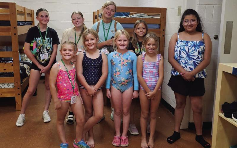 CAMP BROWNWOOD Garza County 4-H girls are ready for a good week at Camp Brownwood. Back row, Beaux Patton, Rein Howard, Bella Hayek, Kayla Arredondo, Aalayah Guerrero and front row, Zoee Ray, Morgan Tadlock, Sara Tadlock, and Lexie Arredondo. | COURTESY PHOTO