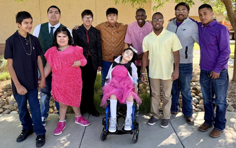 FUN WITH FRIENDS Adrian Trinidad, Malachi Delgado, Jayden Pewitt, Jafet Rodriguez, Zaidyn Green, Micah Gonzales, Xavier Curtis and Xavier Gomez, with Sarahi Meza and Nicole Meza, attended the Special Services Prom on April 15 in Lubbock. | COURTESY PHOTO