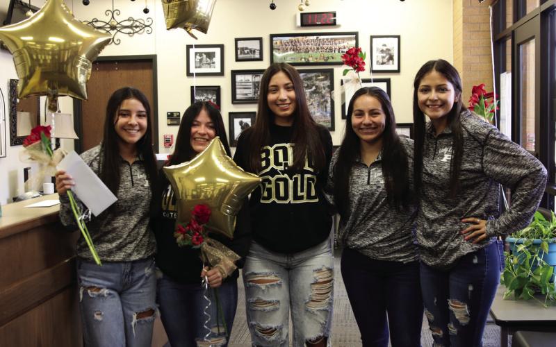 During last Friday’s pep rally, Post High School announced the Homecoming queen candidates. HOCO Queen, Football Sweetheart, and Band Sweetheart will be named during half-time of tonight’s game with Littlefield at Jimmie Redman Memorial Stadium. Candidates nominated for the honor are left to right Chesley Rodriguez, Logan Tidwell, Haley Perez, Abcde Gutierrez and Aneliz Alaniz. Photo by Abigail Rodriguez