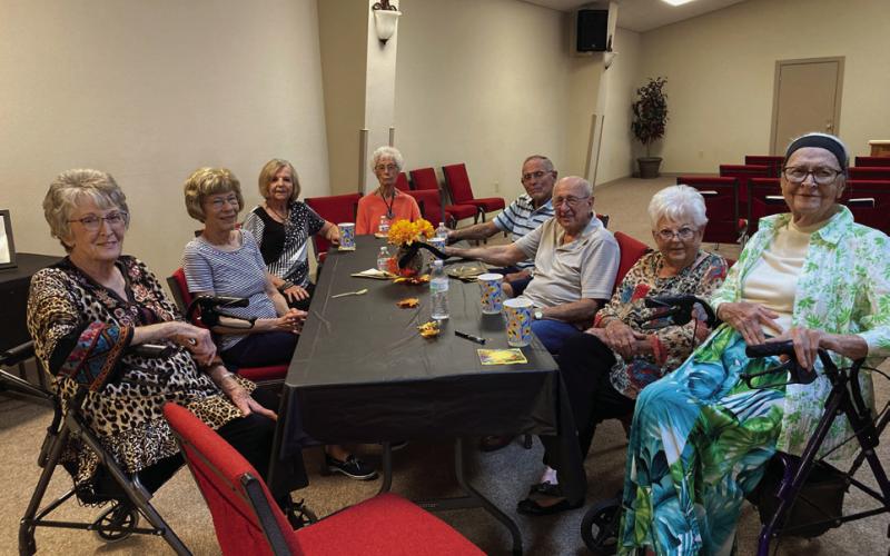 1957 CLASS RENUION The class of 1957 voted this to be their final reunion after celebrating and enjoying a time of sharing fun memories. Pictured from the left are Marie Howard Epley, Nancy Stephens, Ruby Montgomery, Williams, Barbara Stone Tatum, Ted Tatum, Bill Stephens, Orabeth Maxey White, and Leslie Nickels McBride. | PHOTO PROVIDED