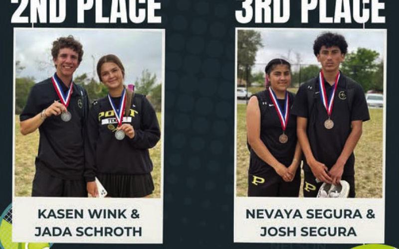TENNIS HEADS TO REGIONALS Post ISD students battled between two mixed double teams on Friday, April 25, resulting with Kasen Wink and Jada Schroth finishing in 2nd and qualifying for regionals and Nevaya and Josh Segura finishing in 3rd. This match capped off a phenomenal district tournament. | COURTESY PHOTOS
