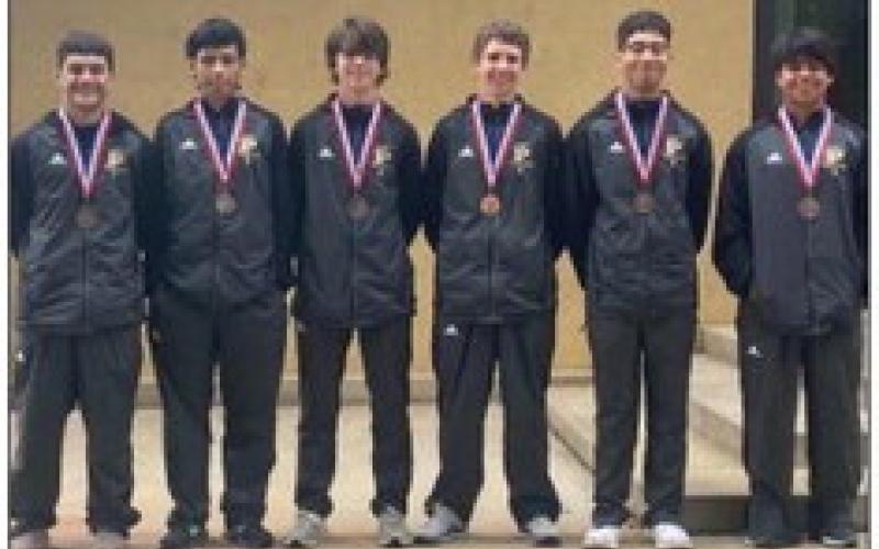 The Bold Gold Cross Country team placed third at the district meet Monday at Plains. Members are Samuel Walls, Jair Rodriguez, Jace Adams, Kason Wink, Valentin Cesillon, and Jesus Montoya. Photo complimentary of John Wright. Photo Provided