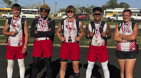 Southland ISD had five students qualify for the 1-A Region 1 Regional Track Meet held in Levelland at South Plains College on April 28 and 29. Standing left to right, Spencer McMahan – Pole Vault (Fr); De’Angelo Humphries (Jr)-100-meter dash and 200-meter dash; Bryson Nelson (Jr)- Pole Vault; Caleb Sanchez (Fr) - Triple Jump; Audrey Lee (Fr)- Discus. Photo Provided