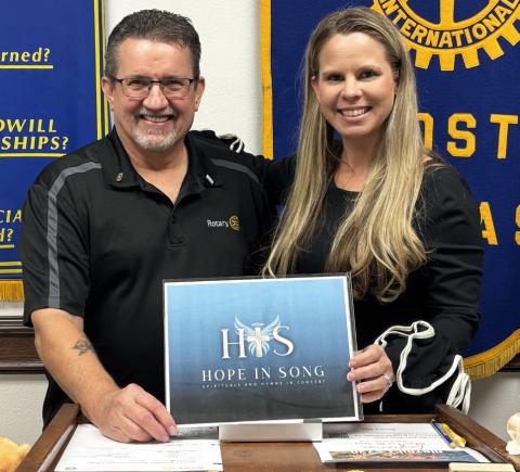 HOPE IN SONG Rotarian Chris Atkinson pictured with guest speaker and performer Amanda Key, following her presentation about her nonprofit and her journey of recovery at a recent Rotary meeting. | COURTESY PHOTO