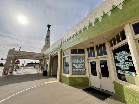 RESTORED IN 2003 with bright green and red neon-light accents, the U-Drop Inn / Conoco Tower in Shamrock, Texas, turns 90 years old this year.