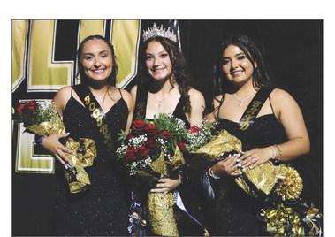 HOMECOMING Alexandria Hernandez was crowned 2023 Homecoming Queen last Friday night during halftime ceremonies. Madeline Soria (left) was named Football Sweetheart and Nyrah Soto (right) was named Band Sweetheart. WHITNEY DORSETT PHOTO