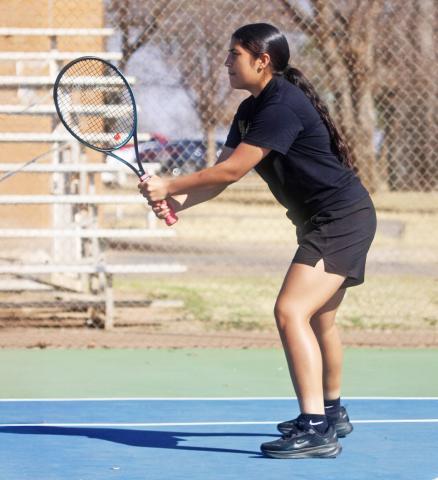 Lady Lope Nevaya “Yaya” Segura prepares to defend a return during a match at South Plains College in Levelland. | COURTESY PHOTO