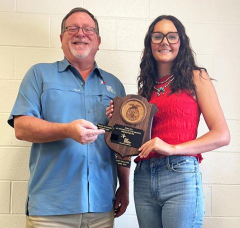 Texas Farm Bureau Insurance recently named Reese Huffaker of Post FFA Ag Student of the Month; agent Ron Francis presented the award. | COURTESY PHOTO