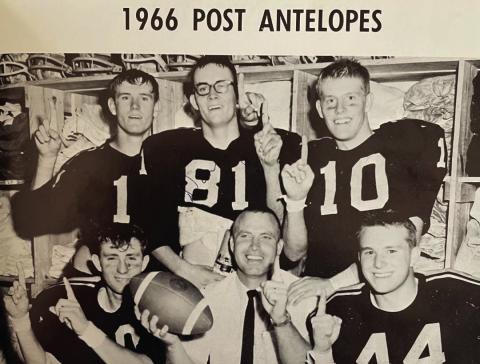 Antelopes celebrate after the win over D City. With Coach Glynn Gregg are Davis Heaton, Donny Windham, Dick Kennedy, Jimmie Bartlett and Paul Walker.