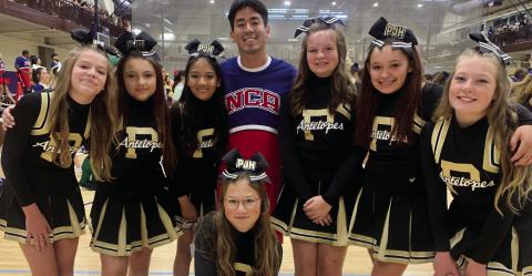 Post Junior High Cheerleaders attended the National Cheerleader Association camp at Tarleton State University in Stephenville last week. Standing left to right, Lanny Reister, Amelia Enriquez, Breanna Contreras, Adyson Parker, Kay Dance Zapeen, Rein Howard, and Soffi Scott kneeling in front. NCA instructor Chris is shown with the cheer team. Photo Provided