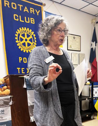 LEARNING ABOUT AGING Barbara Singer, outreach coordinator for the Texas Tech University Health Sciences Center Garrison Institute on Aging memory clinic, spoke to members of the Post, Texas, Rotary during the club’s May 5 meeting in Post. | COURTESY PHOTO