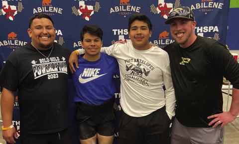 Congratulations to Jesus “Chuy” Montoya on achieving 7th place at the Texas High School Powerlifting meet in Abilene on March 25. Montoya competed in Division 4, Class 2, 148 Weight Class. Over 164 lifters completed for the state title. He lifted a total of 1150-lbs: Squat 445, Bench Press 275, and Dead Lift 430. Pictured are Jordan Aguilar, Assistant Powerlifting Coach, Montoya, Alejandro Rodriquez and Cody Dean, Head Powerlifting Coach. A great achievement for PHS Powerlifting! Photo Provided