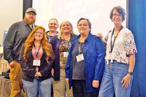 TEAMWORK characterizes the work across multiple communities of the 10 counties covered by Paragraph Ranch Media’s five award-winning weekly newspapers. At last week’s Texas Press Association annual convention in Denton, from left: Paul Gibson, Kodie Saul, Anna Gibson, Barbara Brannon, Kay Ellington, Sheri Baty. | COURTESY PHOTO