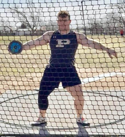 FIRST PLACE Mason Wright throws the discus at the Coahoma Invitational, earning a first-place finish. | COURTESY PHOTO