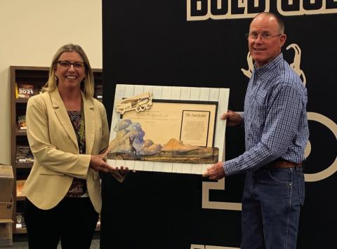 15 YEARS OF SERVICE Drew Kirkpatrick was honored with a personalized handcrafted wall decor at his last school board meeting, Monday, April 7, for his 15 years of service on the Post ISD school board. | ANNA GIBSON PHOTO