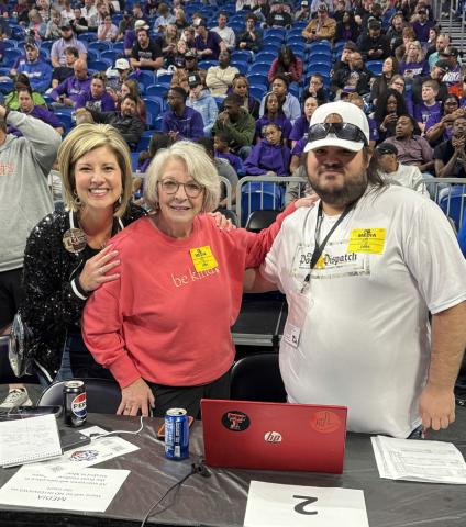 West Texas journalists Stephanie Allen (left), Sue Jane Sullivan (center) and Russ Morris were courtside in the press booth last Thursday for the UIL Division 1 State basketball championship matchups between Valley (first-time champions, winners 66-48) and Fayetteville, and Jayton (four-time, three consecutive champions, winners 78-45) and Kennard. Catch their coverage in The Texas Spur and The Caprock Courier this week. | COURTESY PHOTO