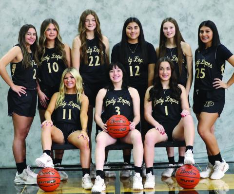 The 2023 Lady Lopes Varsity Basketball includes front row Macy Gilliland -Jr., Kaylie Zapert – Sr., and Adriana Rangel – Jr. Back row Karmon Mullins – So., Jaruda Schroth - So, Shaylee Pope- Jr., Nevaya Segura – Jr., Ryleigh Matus – Fr., and Serenity Sanchez- So. The Head Coach is David Jeffrey, assisted by Stevie Matus and Levi Groomer. | ABIGAIL RODRIGUEZ PHOTO