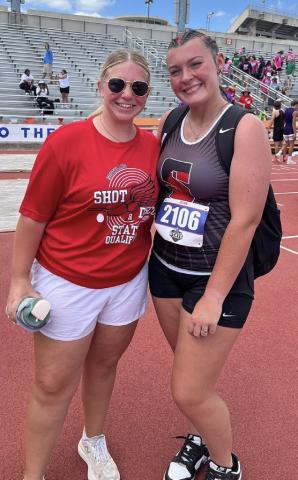 STATE SUCCESS Audrey Lee, Southland High School senior (right), and Coach Taelor Leiss took a moment for a photo before the UIL State track and field meet on Saturday, May 16, in Austin, where Lee competed in shot put and discus. | RUSS MORRIS
