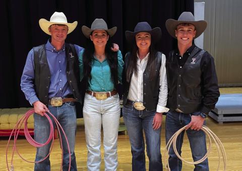 The Texas Tech Rodeo team at the college day program for the Post Elementary students. From left to right are Krece Kirkpatrick, Casen Turner, Amanda Terrell, and Jacob Walters. Courtesy Photo