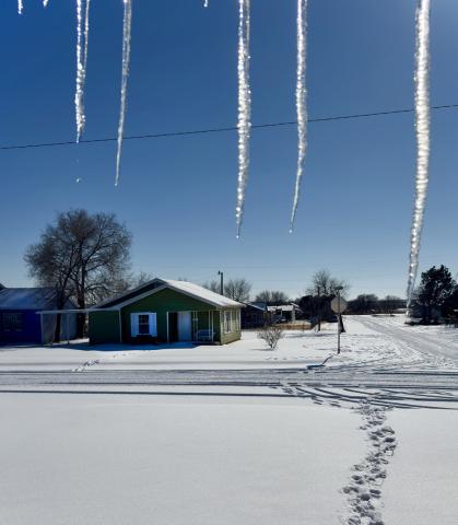 ICICLE SPEARS may have barred the way for exiting many front doors throughout counties below the Caprock until late Monday afternoon, after snow accumulations on sun-heated roofs had thawed somewhat Sunday and refrozen overnight. | TEXAS SPUR PHOTO