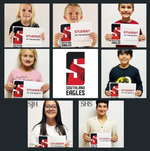 Southland ISD recognized its September Students of the Month for their achievements, including Emma, kindergarten; Beau, first grade; Hensley, third grade; Easton, fourth grade; Zaye, fifth grade; Myra, junior high; and Brenden, high school. | COURTESY PHOTO