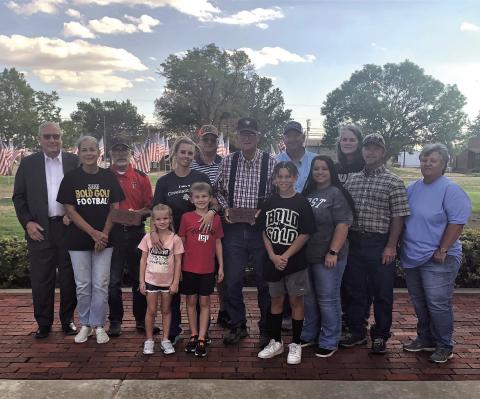 Brick laying was held Thursday, September 15 at the Garza County Courthouse for two elected officials of Garza County. Retired District and County Clerk, Jim Plummer with wife Janice Plummer. Outgoing Commissioner Charles Morris with his family members granddaughter Kayla Richardson with her two children Lacy and Logan Richardson, great-grandson Hayden Clay with his mother Brooke Morris, son, and wife Barry and Amy Morris. Back row are sons Tim Morris and Chuck and wife Christy Morris