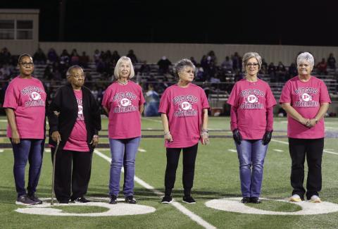RECOGNITION Post ISD honored six breast cancer survivors during the Post - Tahoka 'Pink-Out' football game on Oct. 13. Survivors include left to right Jana Greathouse, Ella Greathouse, Marianne Hart, Debbie Epley, Tonya Rudd and Nancy McDonald. ABIGAIL RODRIGUEZ PHOTO