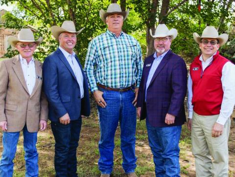 Pictured here, from left to right: John Welch (TX/CO) - Secretary/ Treasurer, Bedford Jones (Spur,TX) – Immediate Past President Frank McLelland (Tahoka, TX) – Vice-President, Mark Kirkpatrick (Post, TX) - President, and Jim Bret Campbell RHA Executive Director. Photo Provided