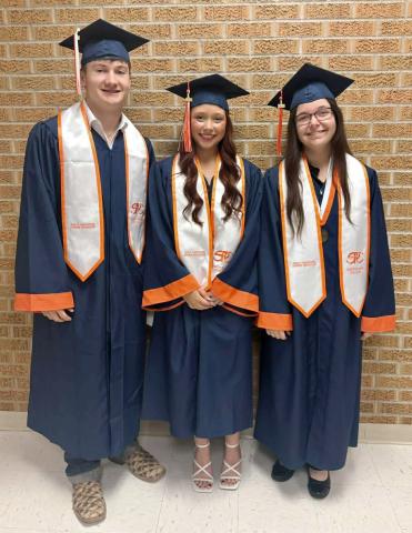 ACADEMIC EXCELLENCE Post High School seniors (from left) Maxximus Cole, Katelyn Ferguson and Harli Jo McClellan were recognized for earning both their high school diplomas and associate degrees through the school’s dual-credit program. The students walked the stage at South Plains College graduation ceremonies on Friday, May 8 and will graduate again with their Bold Gold classmates at Antelope Arena on May 21. | COURTESY PHOTO