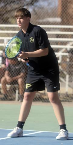 Bold Gold tennis athlete Sawyer Mackey is ready for the next shot during match play at South Plains College. | COURTESY PHOTO