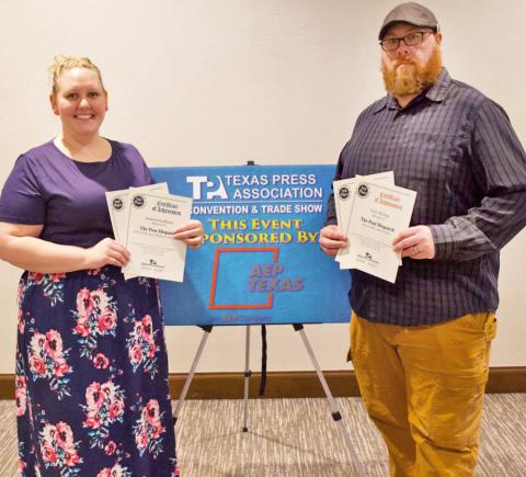 NEWSPAPER AWARDS In Division 10 (small-circulation weeklies), The Post Dispatch took 2nd place, General Excellence; 2nd Place, Sports Coverage; 3rd Place, Column Writing; and 3rd Place, News Writing. Managing Editor Anna Gibson and Operations Coordinator Paul Gibson accepted the awards at the 145th Texas Press Association Convention in Denton June 19-21. Full coverage for all of the group’s newspapers, see pages 7, 8. | COURTESY PHOTO