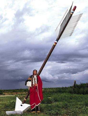 QPT ARROW “Quanah stands next to QPT Arrow at Wayside, TX, near to the trail where 150 years ago, on September 28, 1874, in the Battle of Palo Duro Canyon, Col. Ranald S. Mackenzie and the 4th Cavalry descended to the canyon floor and ambushed Comanche, Kiowa and Cheyenne bands seeking refuge there from the converging U.S. forces trying to force them onto reservations -- but Quanah with his band of Kwahada were elsewhere....”
