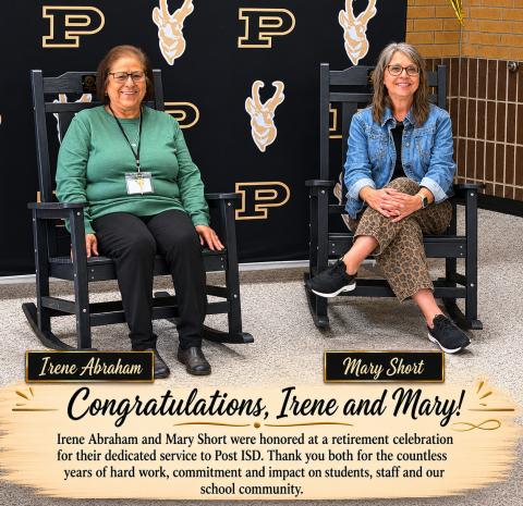 SERVICE HONORED Irene Abraham (left) and Mary Short received rocking chairs as a retirement gift from the district as a token of appreciation from Post ISD for their years of service on May 21.