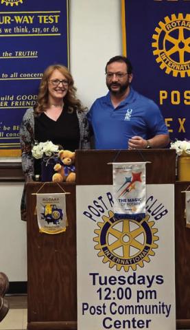 POST ROTARY CLUB Angela Dixon with the Perky Palette shared with the Post Rotary Club on Tuesday, April 15, the importance of the arts and how they can help children unwind and focus in school. Jesse Dixon then shared some of the challenges they are facing in getting the Garza Theater re-purposed and renewed to become functional again. | COURTESY PHOTO