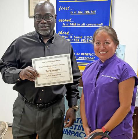 PERFECT ATTENDANCE Terry Jackson (left) received the Post Texas Rotary Club’s Perfect Attendance Award from Xochitl Anderton during a recent club meeting in recognition of his outstanding attendance. | STEPHANIE ALLEN