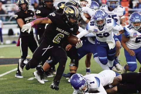 BACK ON TRACK Head Coach John Wright said, “Our team controlled the line of scrimmage on both sides of the ballThe game unfolded as it did because the boys never gave up.” The Oline clears the way for Ian Vergara, #6, as he pushes forward toward another Bold Gold Touchdown! | ABBY RODRIGUEZ PHOTO