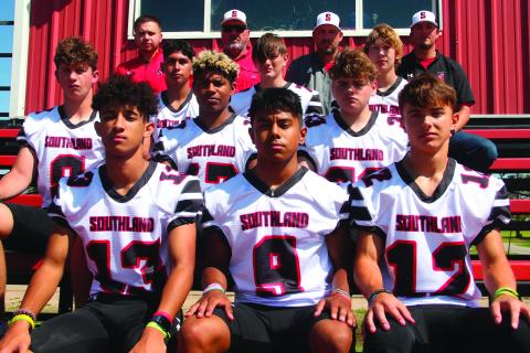 Bottom row L-R #13 Zach Grubbs (SO), #9 Caleb Sanchez (FR), and #12 Spencer McMahan (FR). Second-row #8 Dade Halford (JR), De’Angelo Humphries (JR), and Thallion Arocha (SO). Third-row #3 Rey Flores (JR), #4 Lucien Arocha (SR), and #2 Bryson Nelson (JR) Back row: L-R Coaches Dax Allen, Donald Friers, Dusty Grantham (Head Coach and AD), and Austin Moreno Photo by Elizabeth Jackson SISD