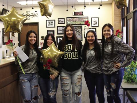 During last Friday’s pep rally, Post High School announced the Homecoming queen candidates. HOCO Queen, Football Sweetheart, and Band Sweetheart will be named during half-time of tonight’s game with Littlefield at Jimmie Redman Memorial Stadium. Candidates nominated for the honor are left to right Chesley Rodriguez, Logan Tidwell, Haley Perez, Abcde Gutierrez and Aneliz Alaniz. Photo by Abigail Rodriguez