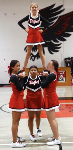 PEP RALLY The Southland Eagles cheerleaders performed a stunt during the pep rally ahead of the Eagles’ football game against Petersburg Sept. 25. | COURTESY PHOTO