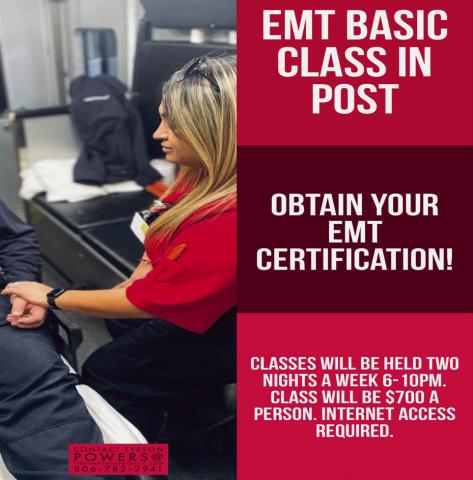 Registration is on March 20, 2023. The first day of class is March 21. Classes will be two nights a week from 6 to 10 p.m. at the Post EMS Station located at 902 N Avenue S. Tuition is $700-Uniform, Books, or CPR class NOT included. Internet access is required. If interested, please contact Tyeson Powers 806-782-2941 or email: tyesonpowers@yahoo.com