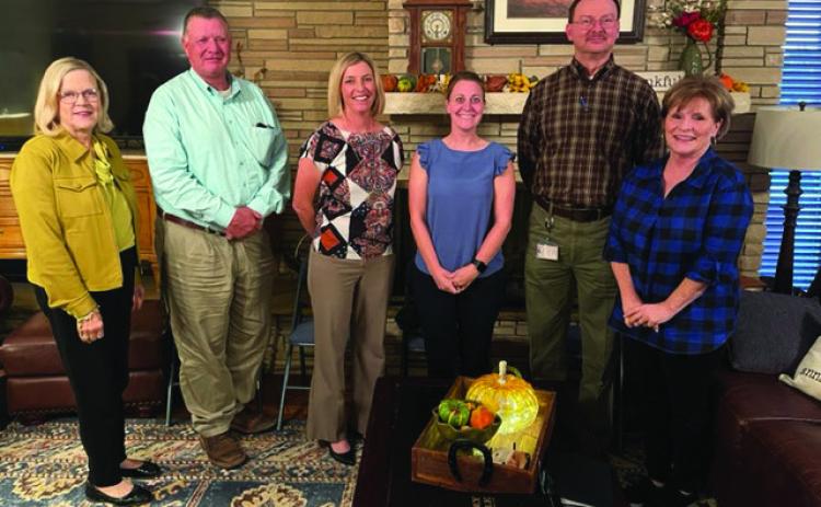 Left to Right President Marsha Norman, Haydon Walters- Elem Principal, Cassie Petty-PISD Superintendent, Middle School Principal-Kaitlin Jeffery, Post High School Principal Kent Price and Mary Ann Wright.