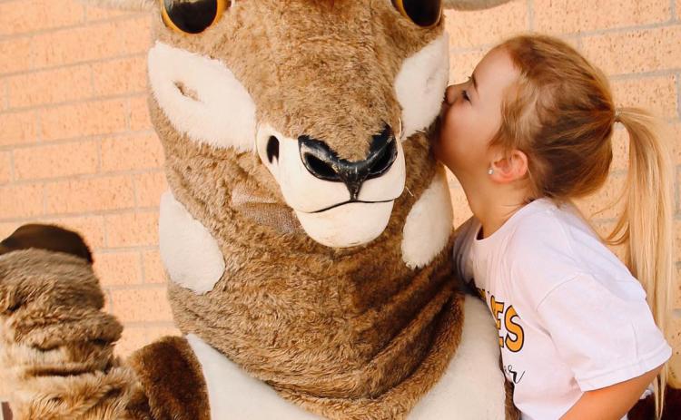 Oscar is gearing up for the 2023 Football Season. Kennedy Beck, a mini-cheerleader, is definitely in love with Oscar. They will be on the field cheering on the Bold Gold Antelopes in an upcoming game. | WHITNEY DORSETT PHOTO