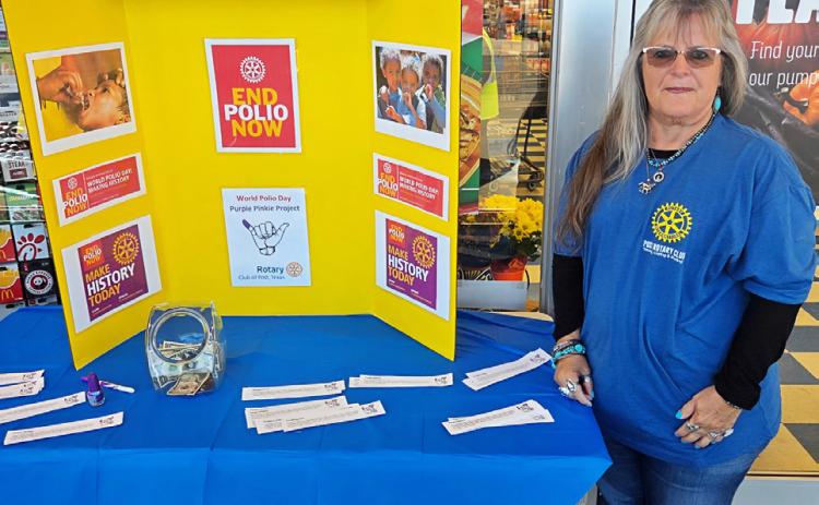 POST ROTARY Pam Atkinson volunteered at the Rotary Club table outside the United Supermarket Oct. 26. The club is raising funds to help eradicate polio, the national clubs’ focus. For every dollar raised, a child receives a vaccination. Post Rotary aims to raise $1,000 by mid-November. Atkinson says they raised $225 and some change in the four hours they were there. | COURTESY PHOTO