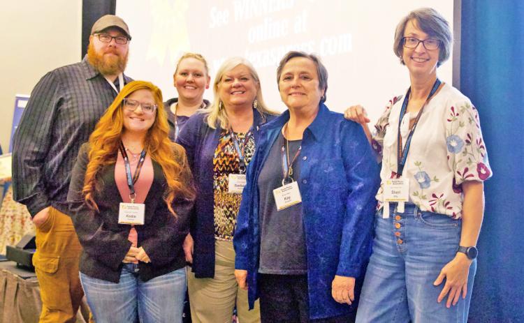 TEAMWORK characterizes the work across multiple communities of the 10 counties covered by Paragraph Ranch Media’s five award-winning weekly newspapers. At last week’s Texas Press Association annual convention in Denton, from left: Paul Gibson, Kodie Saul, Anna Gibson, Barbara Brannon, Kay Ellington, Sheri Baty. | COURTESY PHOTO