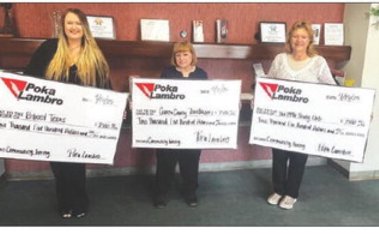 GIVING INITIATIVE Poka Lambro launched the Poka Lambro Community Giving Initiative to support local nonprofits. Reboot Texas Taya Calaway, Garza County Trailblazers Billie Williams, and The 1946 Study Club Rhonda Kingson pause a moment with their checks that have already been designated to appropriate projects. | POKA LAMBRO PHOTO