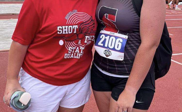 STATE SUCCESS Audrey Lee, Southland High School senior (right), and Coach Taelor Leiss took a moment for a photo before the UIL State track and field meet on Saturday, May 16, in Austin, where Lee competed in shot put and discus. | RUSS MORRIS