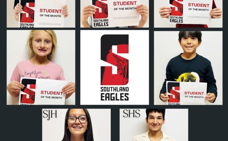 Southland ISD recognized its September Students of the Month for their achievements, including Emma, kindergarten; Beau, first grade; Hensley, third grade; Easton, fourth grade; Zaye, fifth grade; Myra, junior high; and Brenden, high school. | COURTESY PHOTO