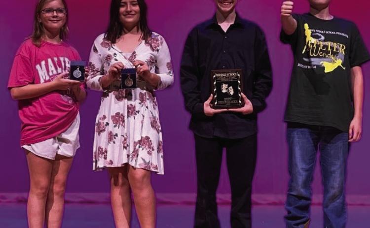 ONE ACT HONORS Post Middle School was the host of district 5-2A One Act Play contest. The Post crew performed Peter and Wendy. The crew brought away four awards. Kenley Hannaway won Honorable Mention All-Star Cast, Khloe Smith was included in the All-Star Cast, Zackary Gonzales was honored as Best Performer, and Luke Holcomb was on the All-Star Technical Crew. | COURTESY PHOTO
